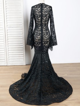 zipper up closed back bell sleeve black lace mermaid formal dress zipper up closed back bell sleeve black lace mermaid formal dress
