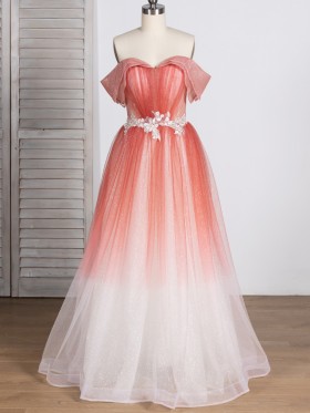 glittery ombre tulle off the shoulder long prom dress