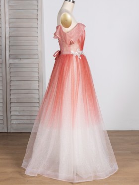ombre color glitter tulle A line long evening dress
