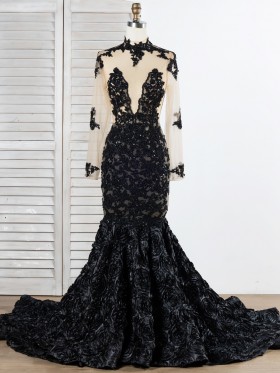 sequinned black lace 3D rose long train prom dress
