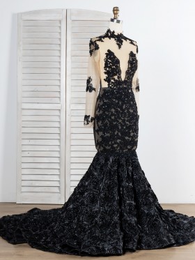 sequinned black lace and 3D rose long train mermaid prom dress