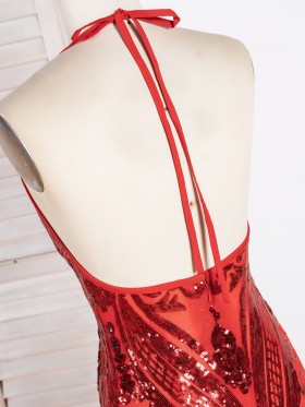 halter strap red sequin open back dress halter strap red sequin open back dress