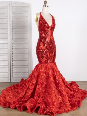red sequin 3D rosette V neck long prom dress red sequin 3D rosette V neck long prom dress