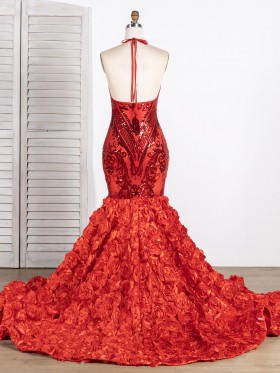 red sequin 3D rosette long train prom dress red sequin 3D rosette long train prom dress