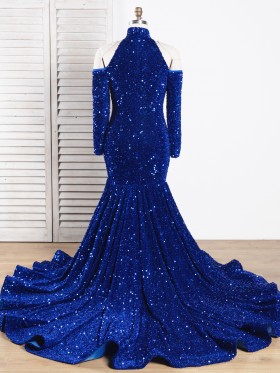 dazzling royal blue sequin long train prom dress