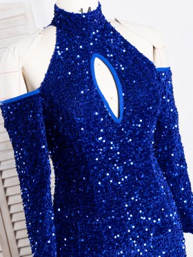 off the shoulder sleeve royal blue sequin prom dress