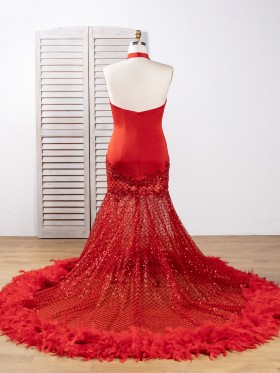 red glitter mesh with feather long train prom gown red glitter mesh with feather long train prom gown
