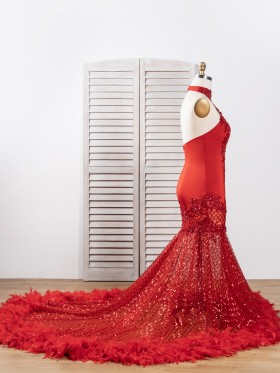 red mermaid sheer glitter mesh with feather long train prom dress