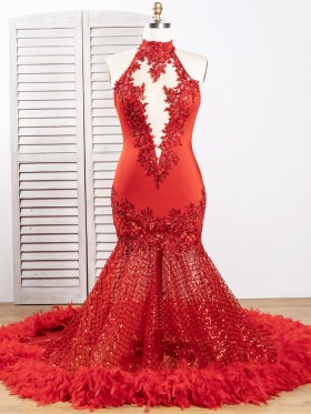sexy beaded lace glitter feather train red prom gown