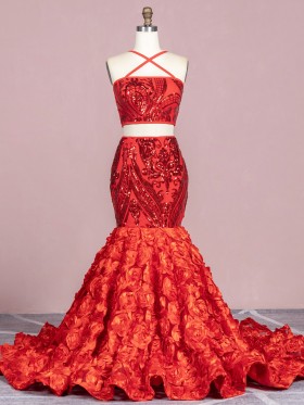 red sequin and 3D rosette two piece mermaid prom gown