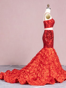 red unique sequin long train 3D rose two piece prom dress