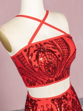 sexy red sequin two piece dress