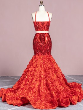 sexy red two piece sequin and 3d rose prom gown