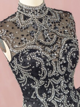 beaded high neck black gown