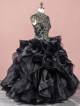 luxury beaded flounce ruffled black organza ball gown