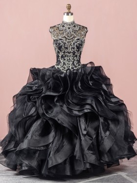 luxury beaded flounce ruffled organza prom ball gown