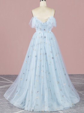 ruffled off the shoulder stars sequinned tulle prom dress ruffled off the shoulder stars sequinned tulle prom dress