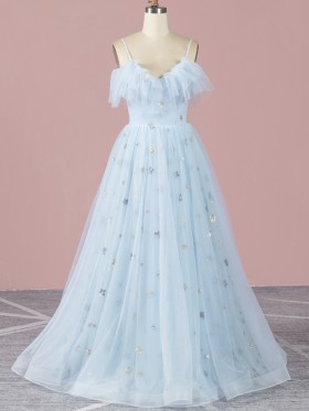 stars sequinned ice blue tulle fairytale prom dress