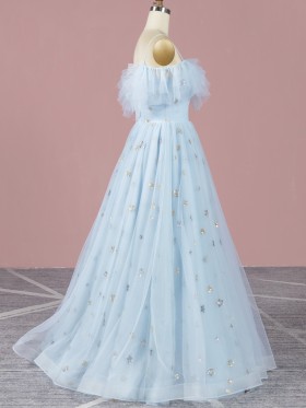 stars sequinned ruffled off the shoulder fairytale tulle party dress