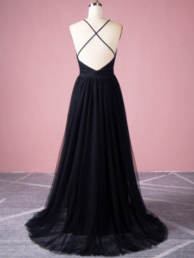 low back with spaghetti straps black tulle dress