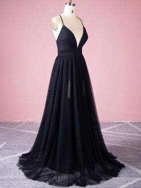 sexy black tulle plunging neck prom A line dress