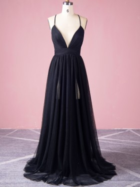 simple black tulle plunging neck prom party dress