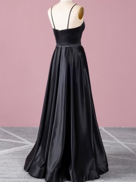 floor length black satin A line prom dress