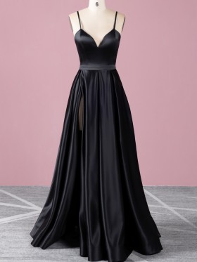 sleek black satin prom dress with thigh high slit
