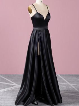 thigh high slit black satin A line prom dress thigh high slit black satin A line prom dress