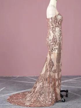 off the shoulder long sleeve rose gold sequin prom dress