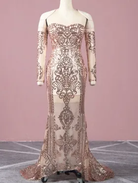rose gold unique sequin off shoulder sleeve prom gown