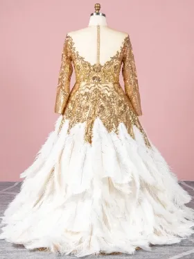gold glitter with large ostrich hair feather ball gown