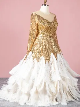 luxury gold glitter with large ostrich hair feather ball gown