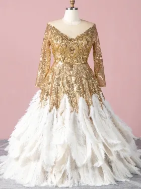 luxury gold glitter with large ostrich hair feather ballgown dress