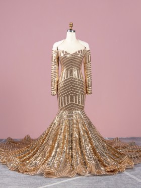 champagne gold sequin long train prom gown