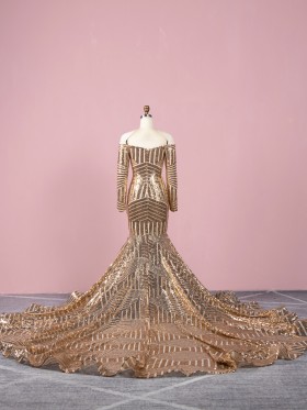 striped champagne gold sequin long sleeve long train prom dress