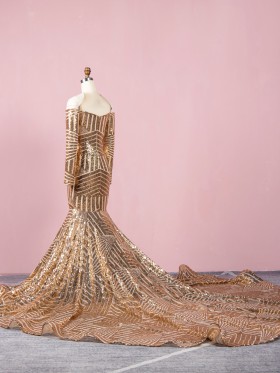 striped champagne gold sequin long train prom gown striped champagne gold sequin long train prom gown