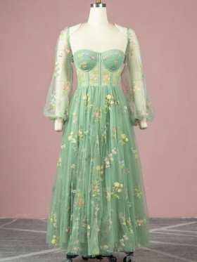 floral embroidery mint green tulle sheer tulle dress