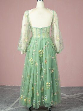mint green floral embroidery party dress