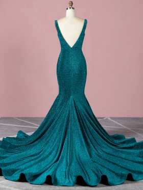 dark teal long train prom dress