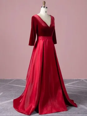 V neck red velvet and satin A line formal gown