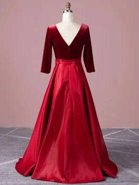 three quarter sleeve V back red satin and velvet formal gown three quarter sleeve V back red satin and velvet formal gown