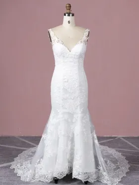 elegant white lace sweetheart V neck mermaid wedding dress