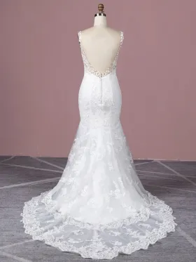 white lace low back mermaid wedding dress