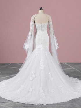 strapless bell sleeve lace wedding dress