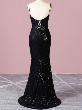 black striped sequin long prom dress