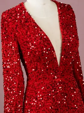 plunging neck red sequin dress