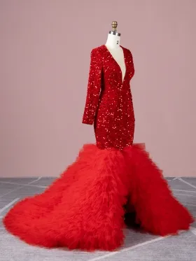 red sequin long sleeve and ruffled tulle mermaid prom dress red sequin long sleeve and ruffled tulle mermaid prom dress