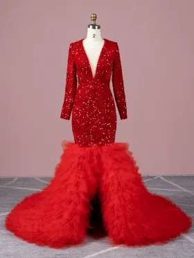 red sequin with ruffled tulle split mermaid prom gown