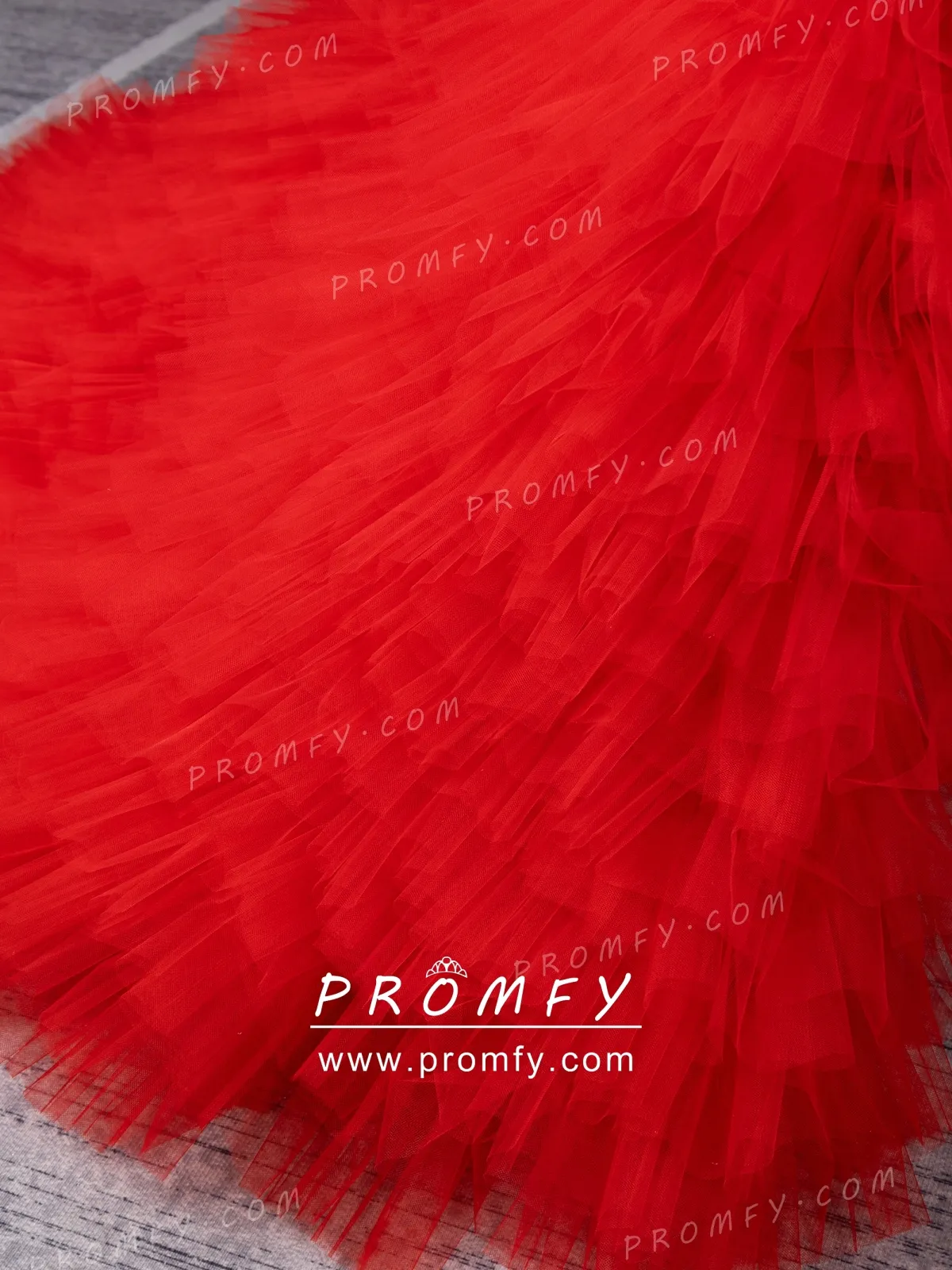 Promfy Red Sequin with Ruffled Tulle Split Mermaid Prom Gown